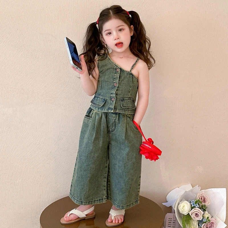 女童套装2025新款儿童夏款牛仔背带裤两件套女宝宝可爱小童套装