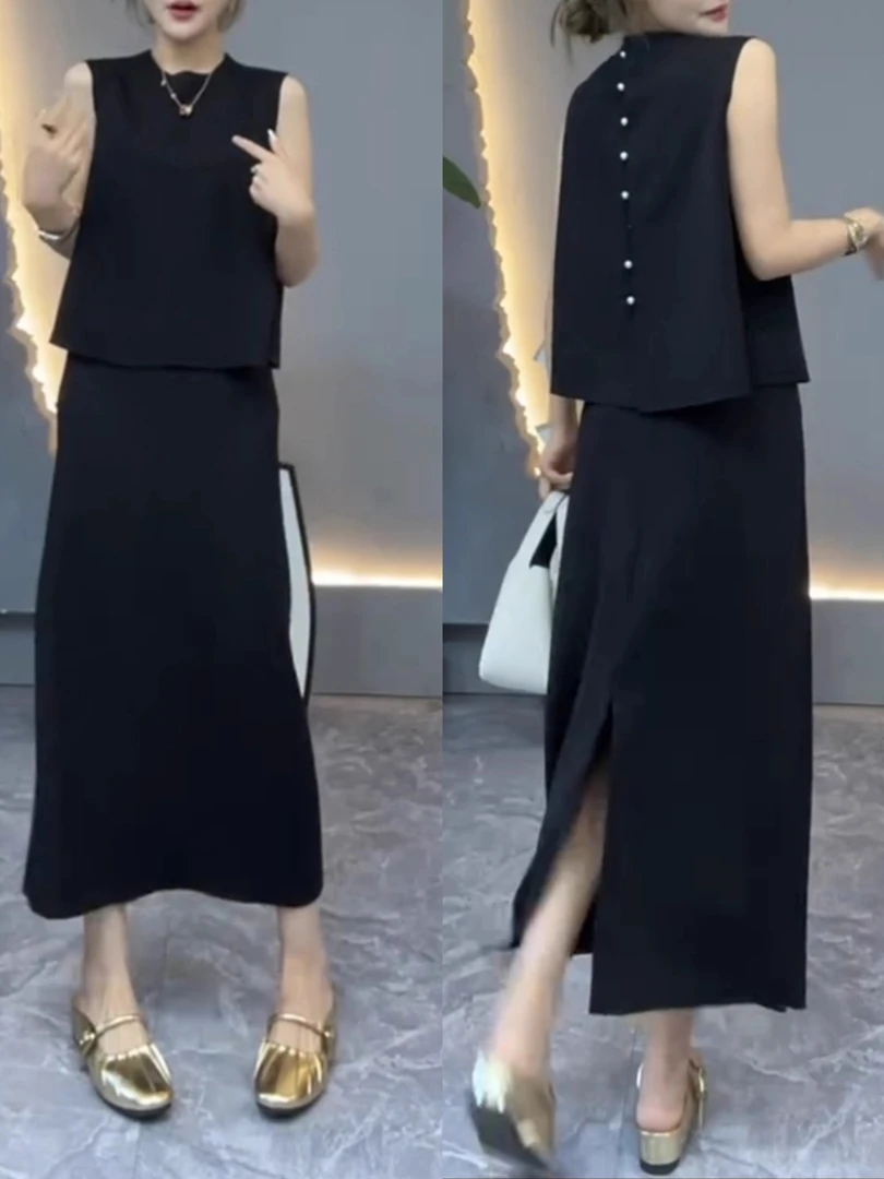 2025秋季新款薄款韩版时尚女装休闲开叉潮流显瘦高腰马甲分体套裙