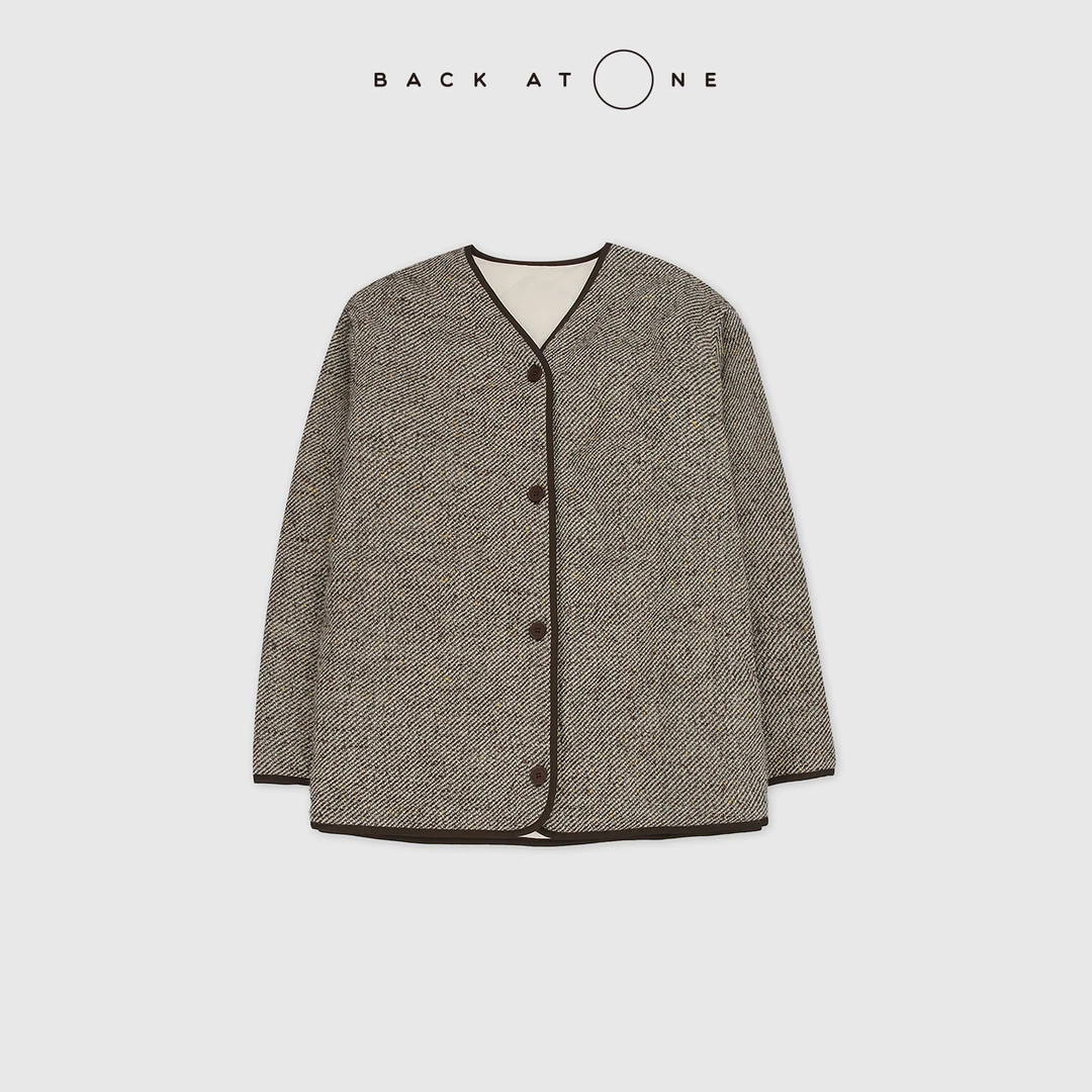 BACKATONE“银装素裹”葫芦格V领雅致粗花呢鹅绒服 BFF-1EC318B-K
