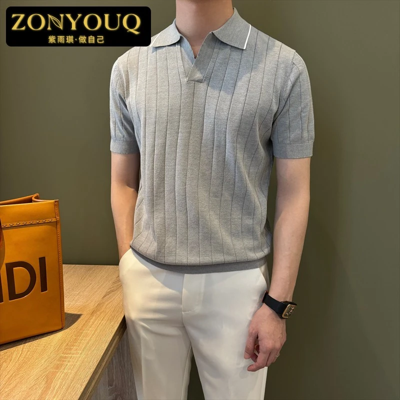 ZONYOUQ坎色修身纹理夏季条衫男休闲轻熟通勤休闲短袖织潮