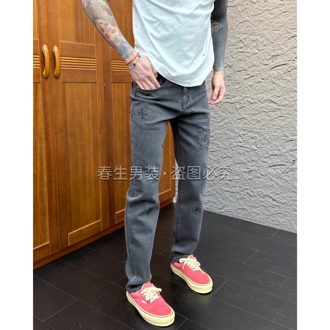 2025秋冬新款时尚休闲白发烟灰色刺绣小直筒合身牛仔裤6056