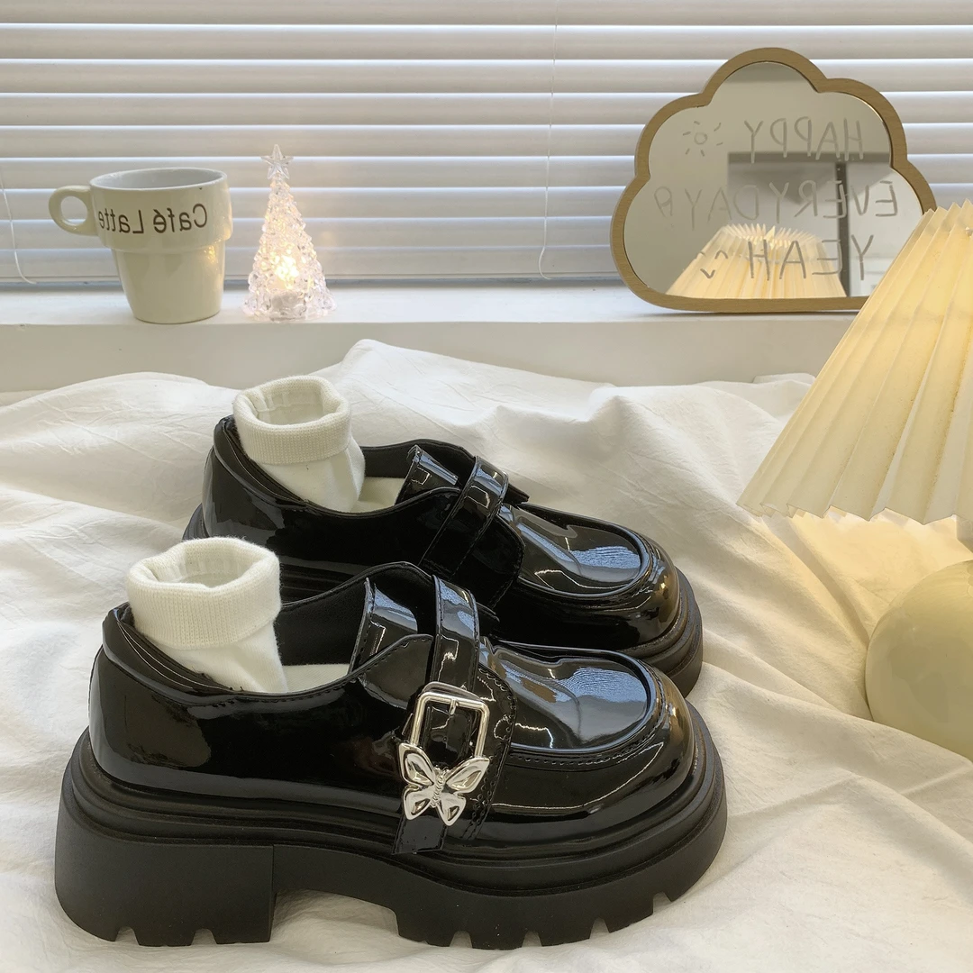 黑色圆头小皮鞋女2025春季新款百搭复古英伦风乐福鞋蝴蝶ins潮单