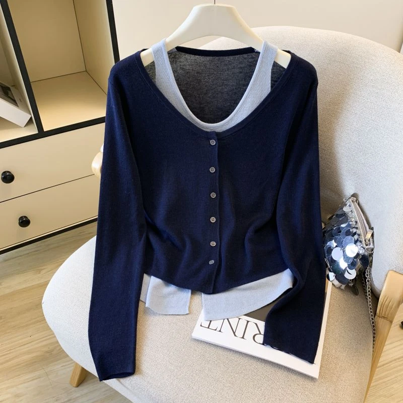 花田橱窗HTmeme 秋日月光~撞色假两件吊带针织衫女秋气质显瘦上衣