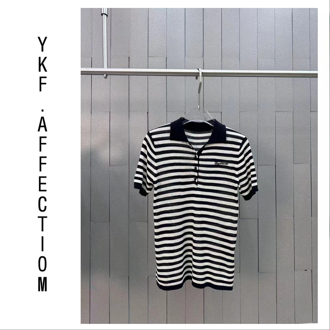 宽松短袖黑白百搭上衣印花时尚毛针织衫条纹翻领女64023