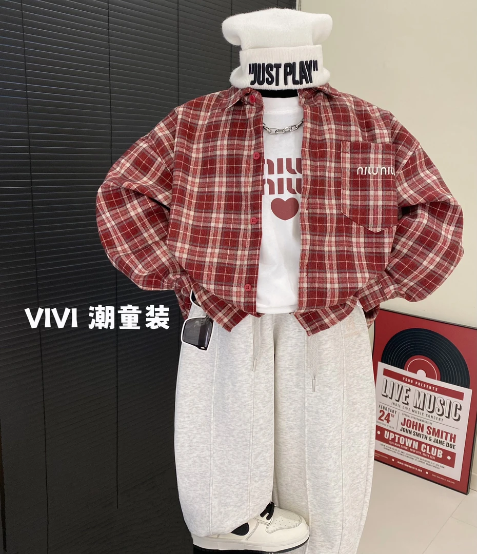 VIVI童装 2025春款潮流中大童生日派对洋气红色格子衬衣外套 T恤