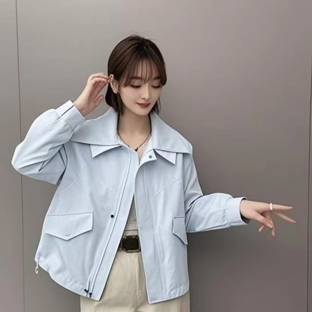 春秋2025新款洋气设计感水洗棉双领韩版时尚短款休闲宽松上衣外套