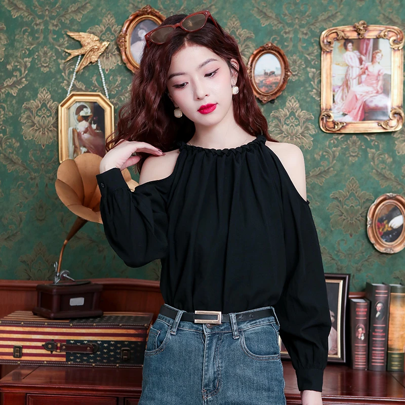 法式时尚露肩雪纺上衣女士别致绝美小衫秋季2025新款气质挂脖衬衫