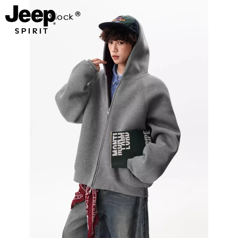 JEEPSPIRIT重磅空气层拉链连帽开衫卫衣男女秋Boxy宽松男生穿搭