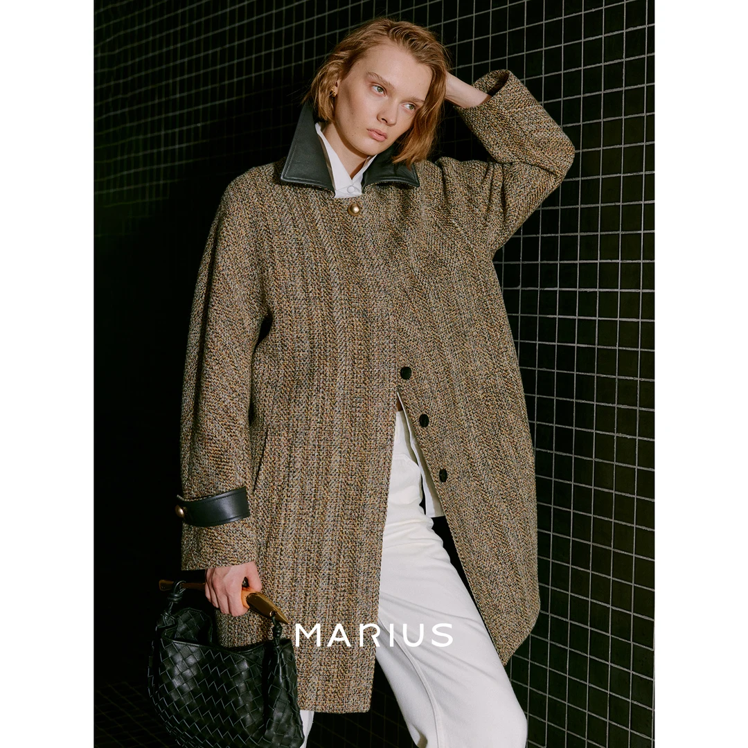 MARIUS｜“邦德大衣”澳洲拼接撞色皮领中长大衣