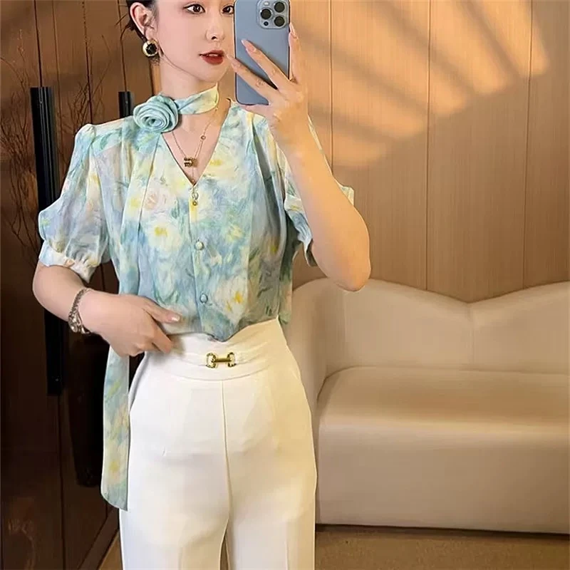 【春歌】夏季新款碎花百搭时尚V领印花短袖衬衫女宽松休闲雪纺上衣