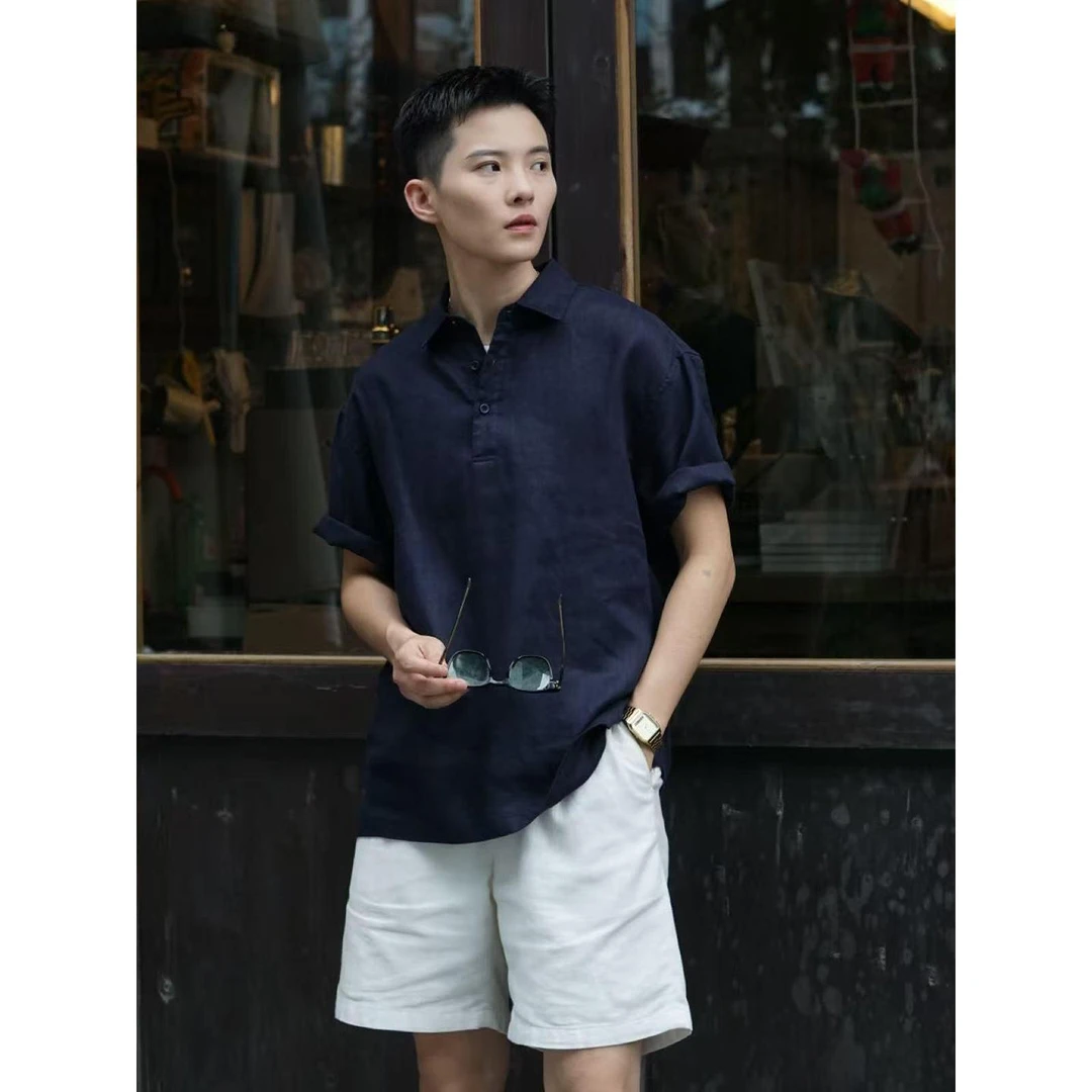 藏青色亚麻短袖衬衫男夏季轻薄透气防晒polo衫美式老钱风棉麻t恤