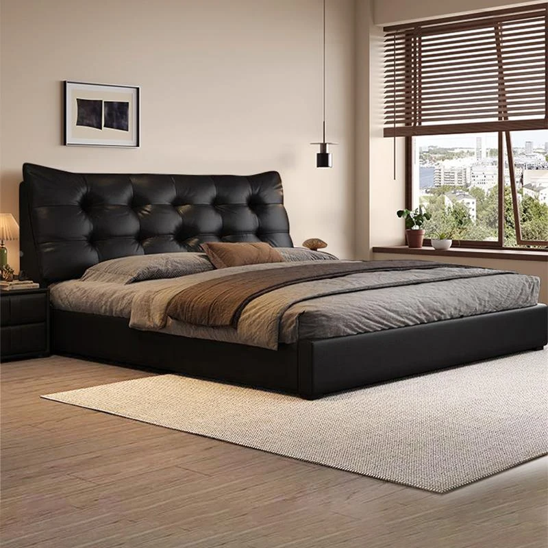 意式极简大黑熊床现代简约主卧真皮床高端软包婚床主卧黑色双人床