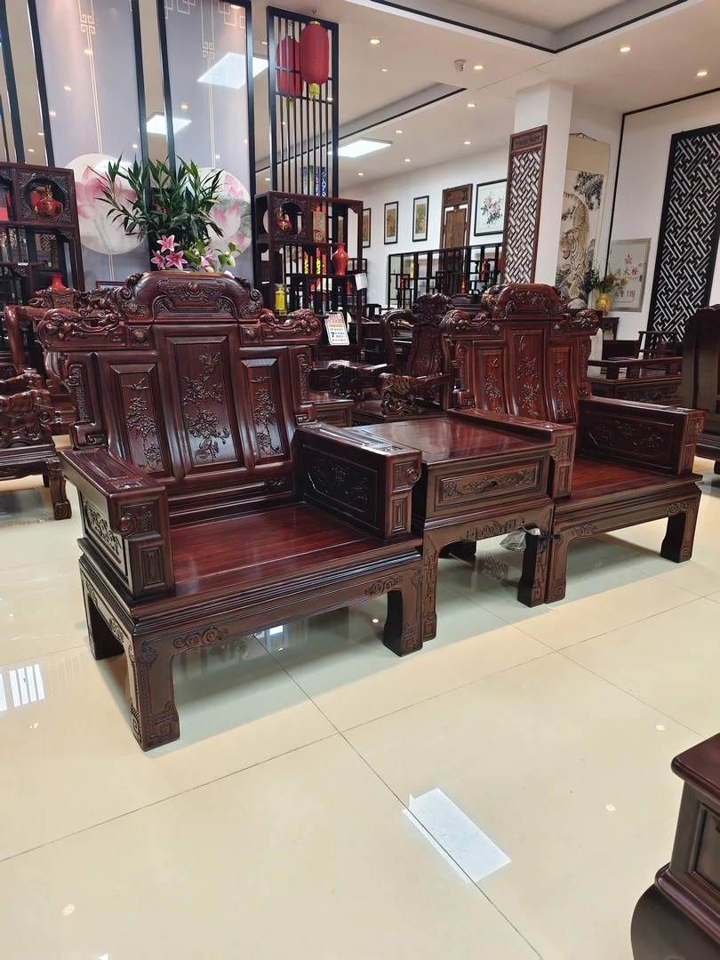 酸枝木 双福 三件套:长235*宽65*坐高39*总高117