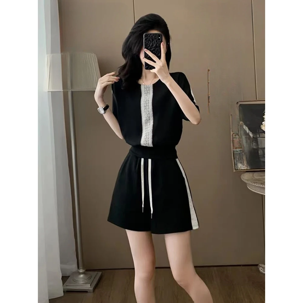 黑色运动套装女夏新款时尚减龄洋气短袖短裤两件套跑步