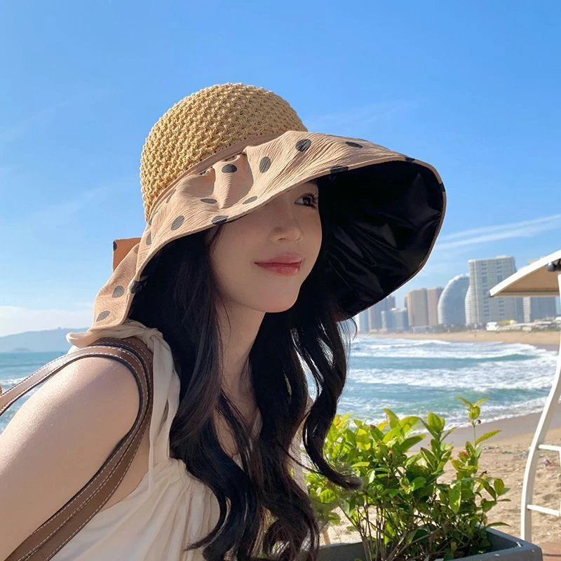 可折叠波点空顶女韩版黑胶春夏出游遮阳帽镂空大檐显脸小帽子