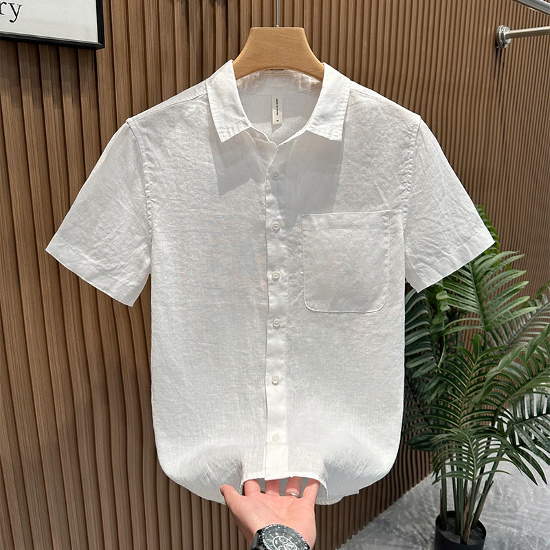 轻奢潮牌亚麻清新短袖衬衫男士夏季时尚百搭简约休闲宽松透气衬衣
