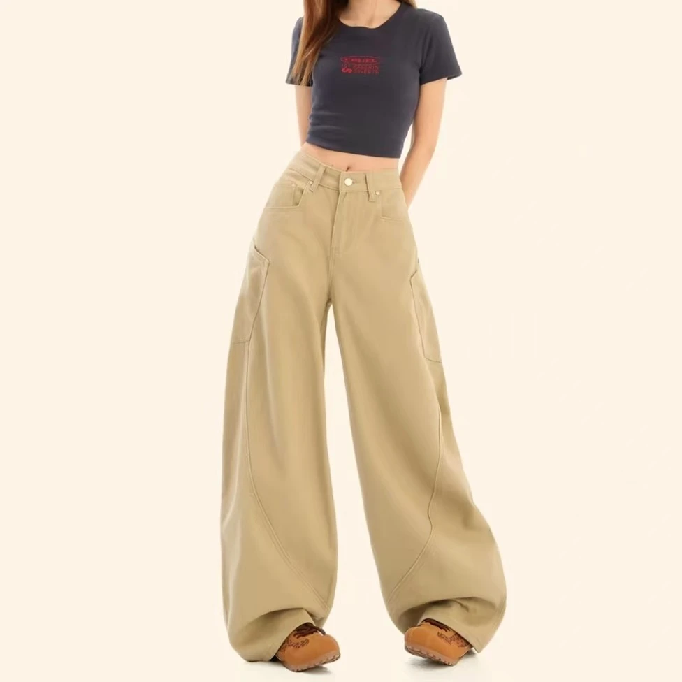 卡其色弯刀工装牛仔裤女高腰宽松阔腿显瘦镰刀直筒长裤子AM25371