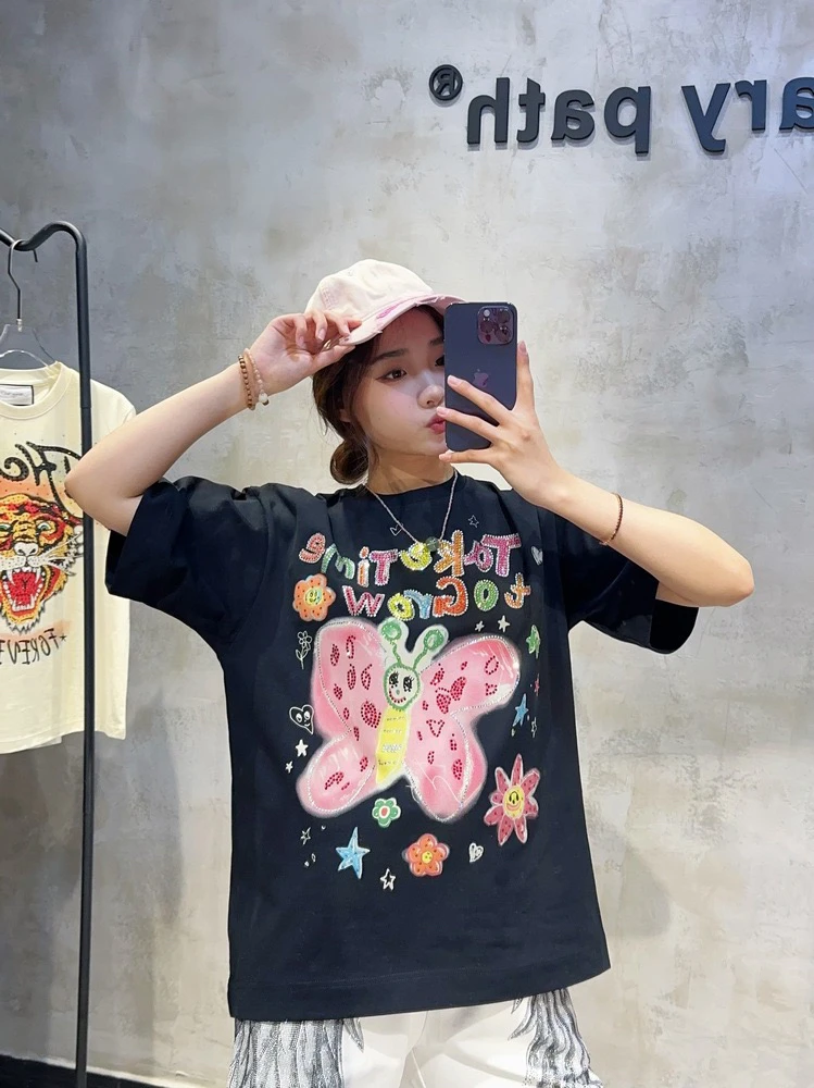 春夏潮牌烫钻短袖满钻印花缤纷蝴蝶纯棉甜酷潮流重磅休闲减龄T恤