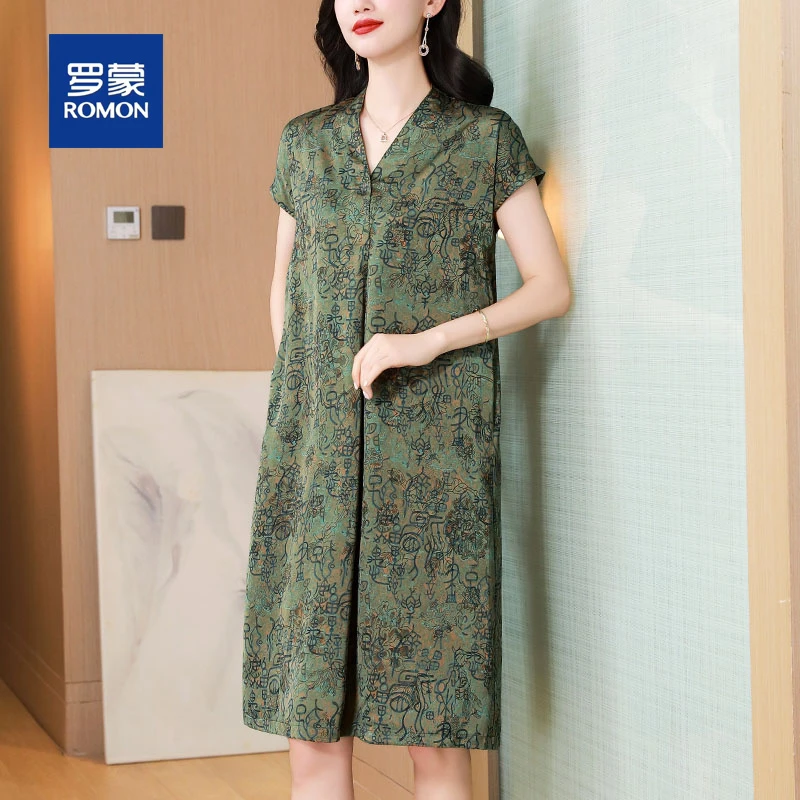 罗蒙中老年妈妈夏季时尚休闲大码印花连衣裙女洋气减龄中长款裙子