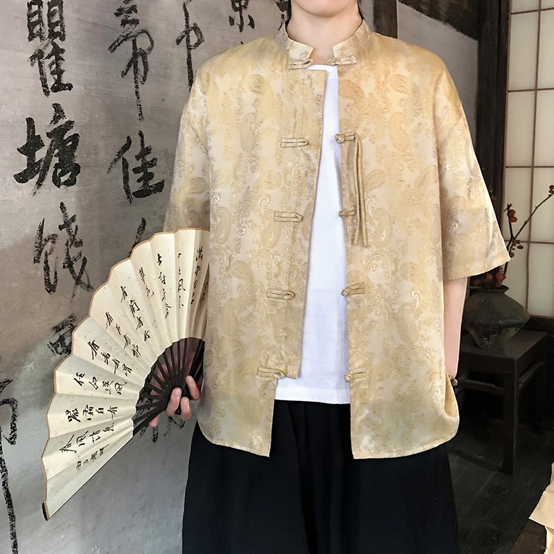 金色腰果花冰丝短袖衬衫男夏季新中式国风提花唐装宽松垂坠感衬衣