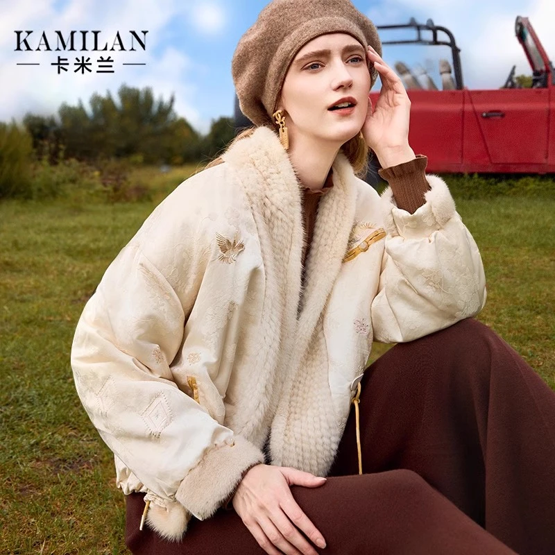 卡米兰复古水貂毛拼接白鹅绒羽绒服女2025冬季新款保暖鹅绒服外套