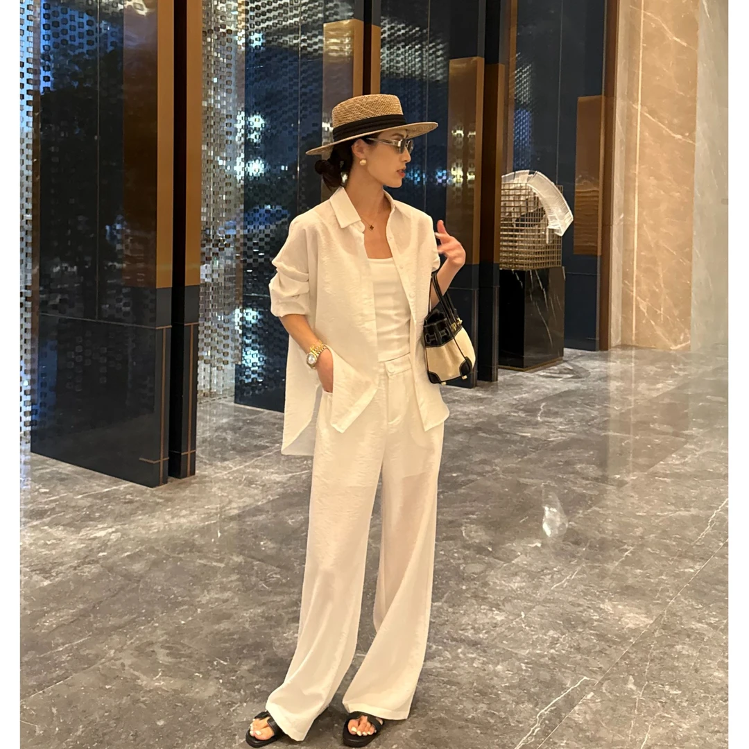 白色老钱风套装女高级感慵懒宽松衬衫+阔腿休闲裤显瘦减龄两件套