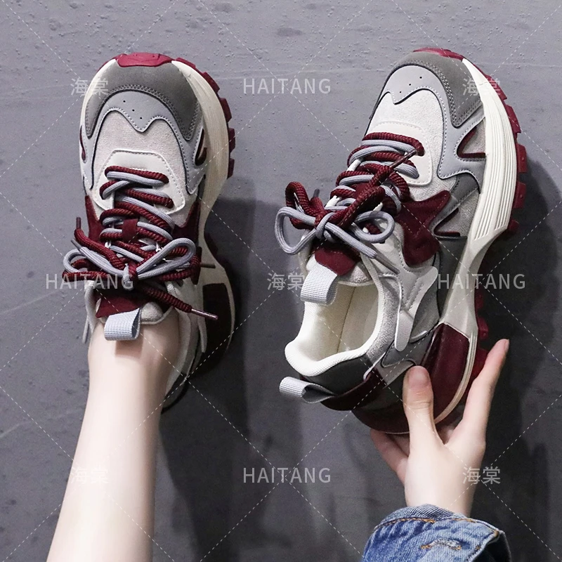 韩版浅口拼色老爹鞋系带时尚休闲鞋网红百搭休闲鞋厚底防滑阿甘鞋