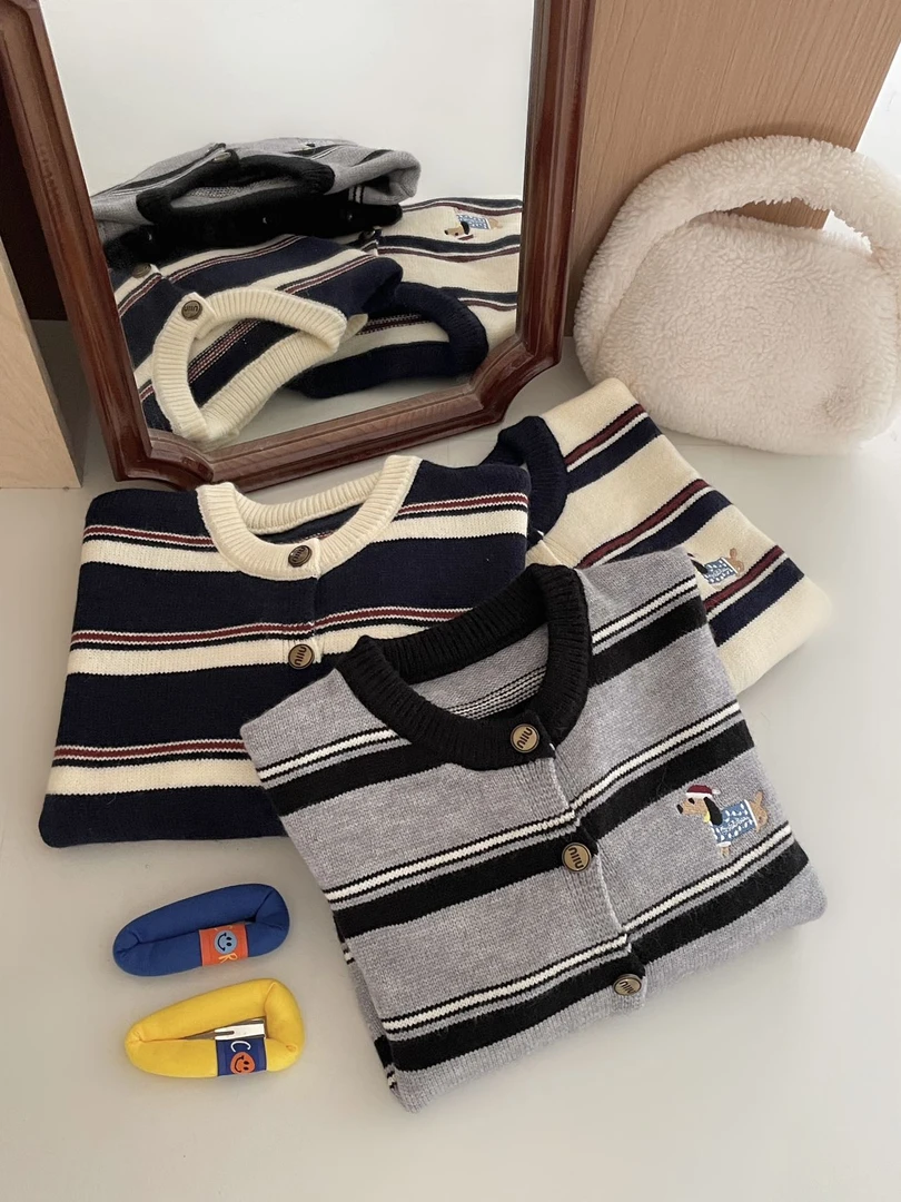 QM-针织圆领条纹撞色拼接狗学院风毛针织衫春秋毛衣刺绣YS-W033