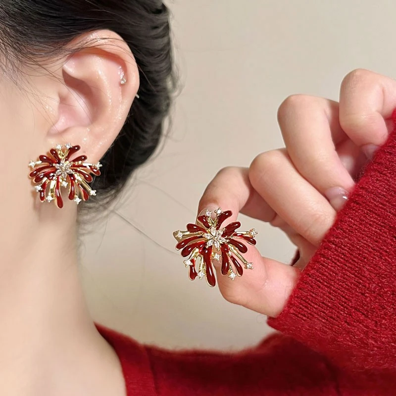 铜合金耳饰 复古红色锆石花朵耳环女独特小众高级感耳钉新年耳饰