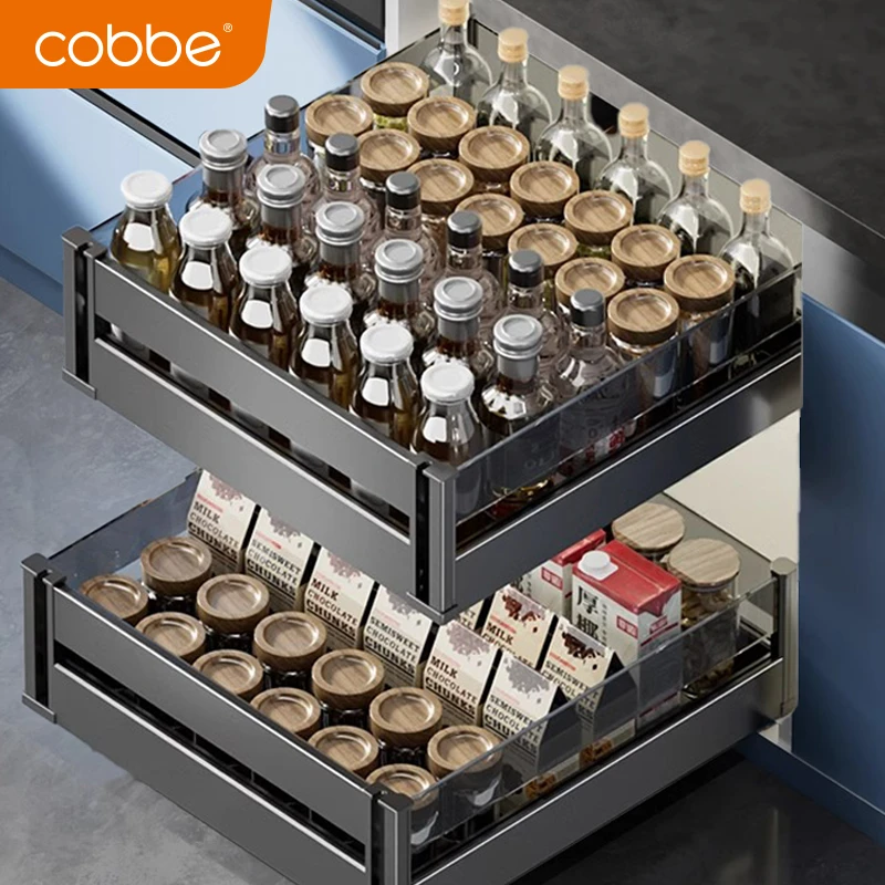 卡贝厨房橱柜拉篮多能双层调味拉篮收抽屉式纳置物架篮