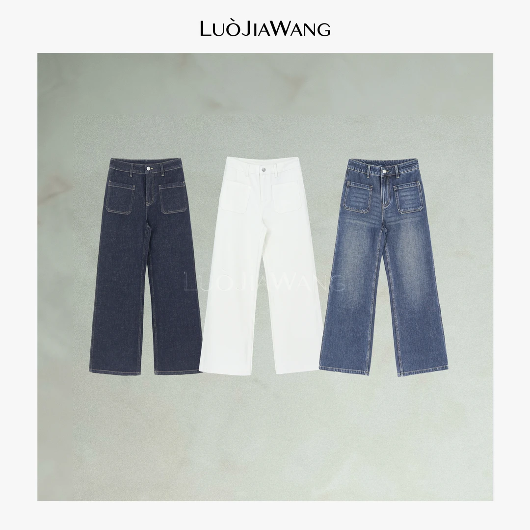 经典复古高腰廓形做旧百搭阔腿牛仔长裤女LUOJIAWANG【 蓝调阔牛】