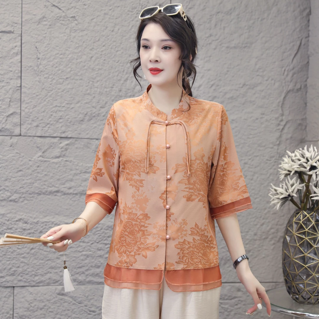 9021女装上衣轻薄气质洋气时尚夏季复古宽松中国风印花中式文艺