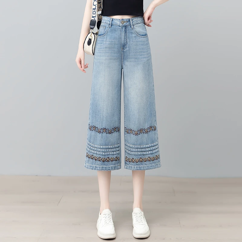 时尚刺绣阔腿牛仔裤女士薄款2025新款夏季高腰显瘦宽松八分直筒裤