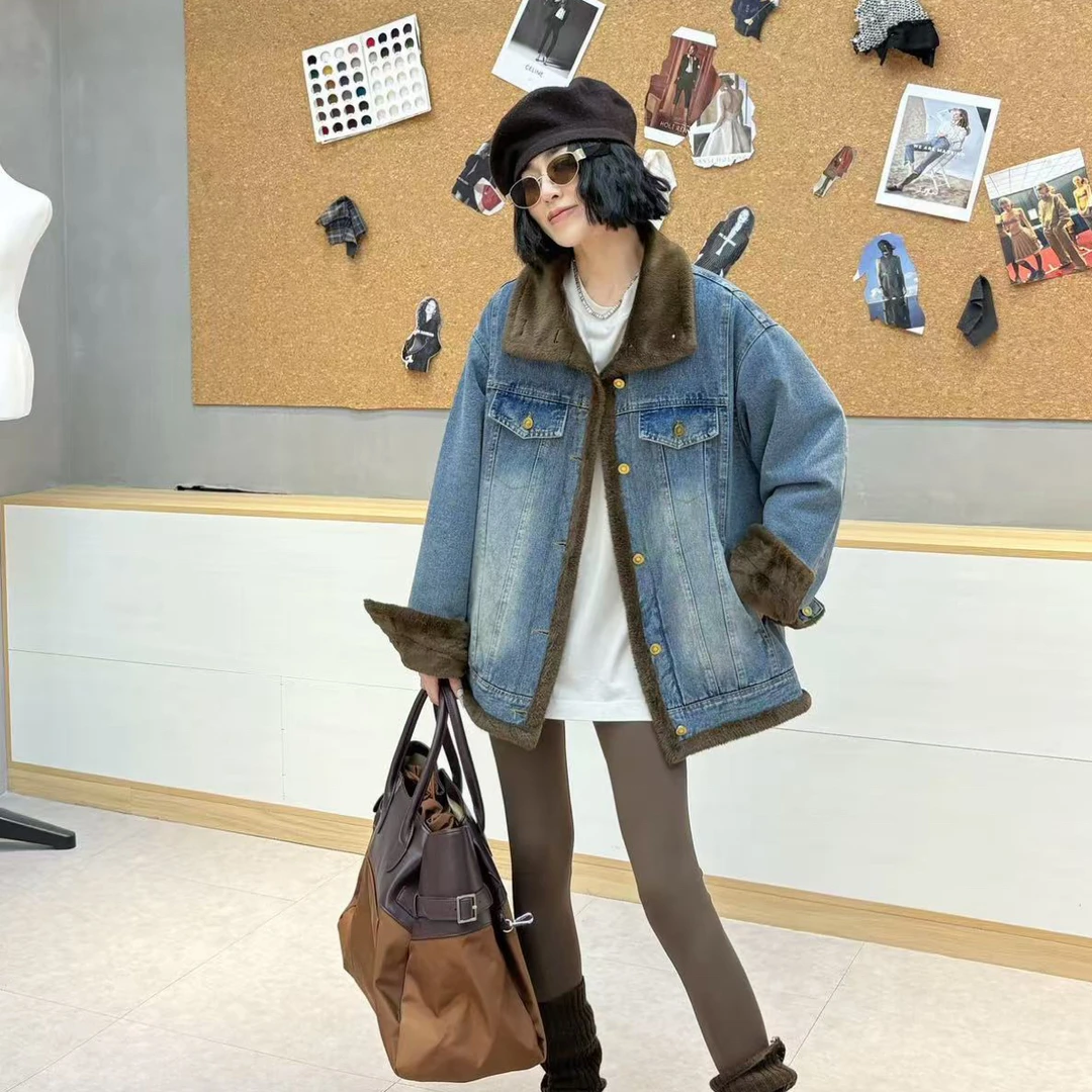 单排扣洗水牛仔外套宽松保暖冬季