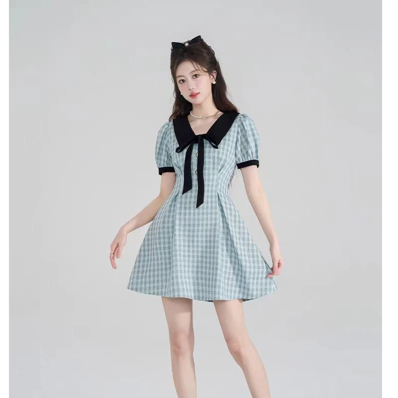 （80-200斤）蓝色学院风娃娃领格子连衣裙夏甜美气质收腰a字裙1841