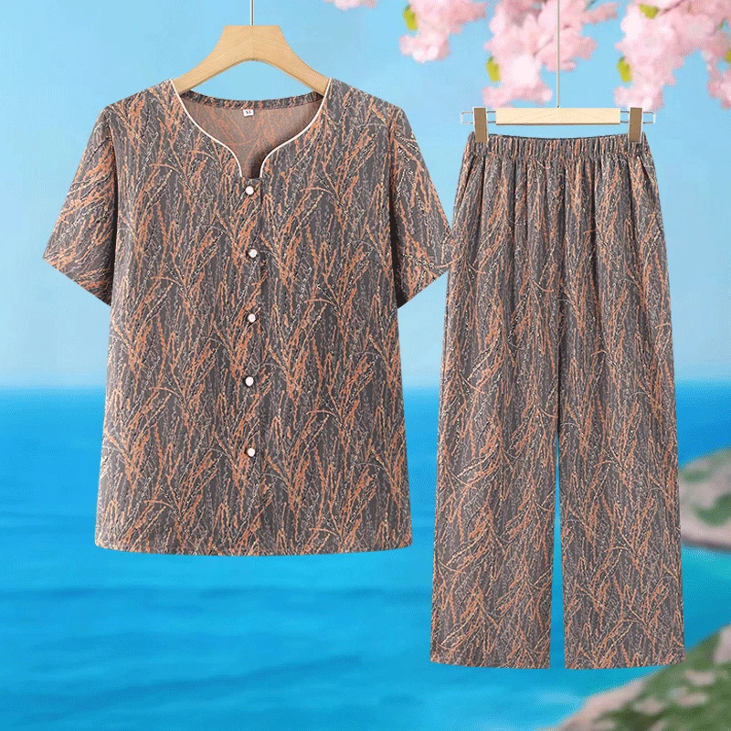 奶奶装夏季短袖套装清凉中老年人女装衬衫夏装妈妈开衫老太太衣服