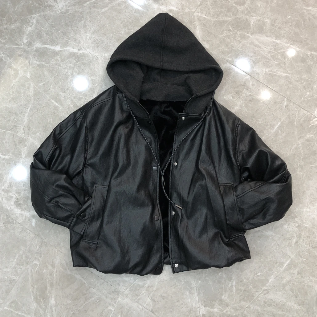 秋冬新款加绒短款假两件连帽女士皮衣外套宽松百搭