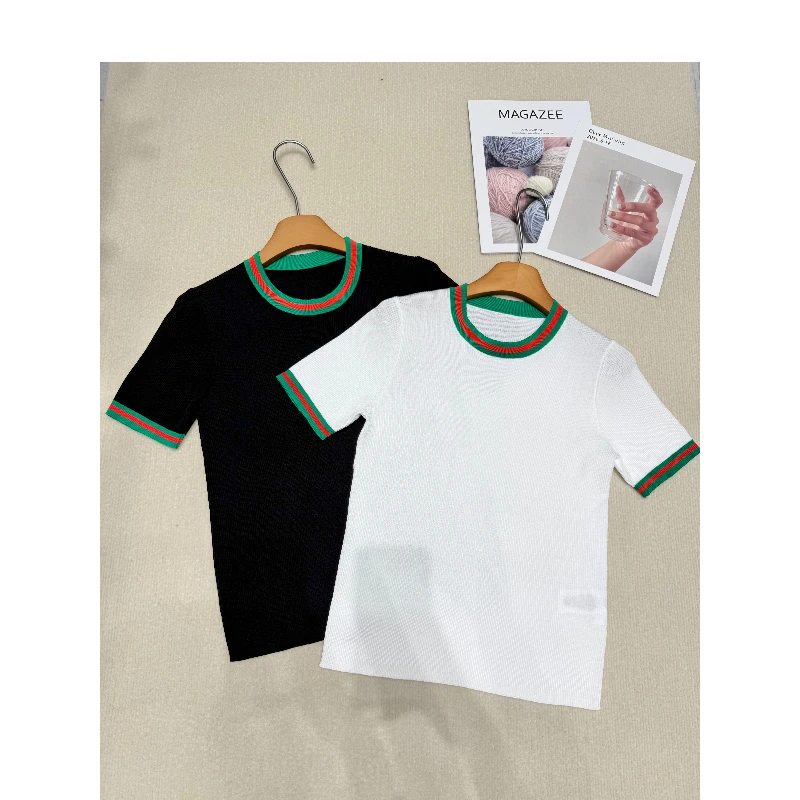 Mozch 莱赛R混纺超透气撞色领减龄百搭针织衫T恤5097