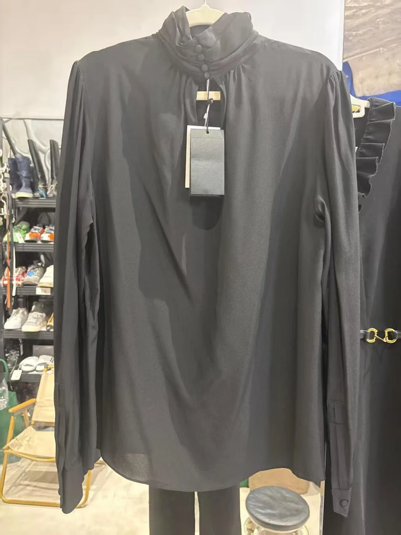 99新 YSL/圣罗兰 纯色套头桑蚕丝衬衫女款黑色38码LZ624N992