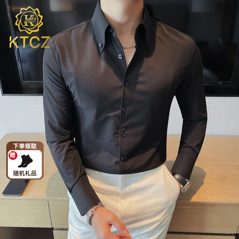 KTCZ法式尖领男士长袖衬衫春秋休闲百搭修身高级感商务正装衬衣