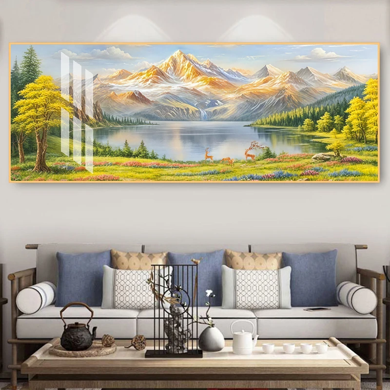 背靠金山中式聚宝盆客厅沙发背景横版山水客厅背景墙挂画装饰挂画