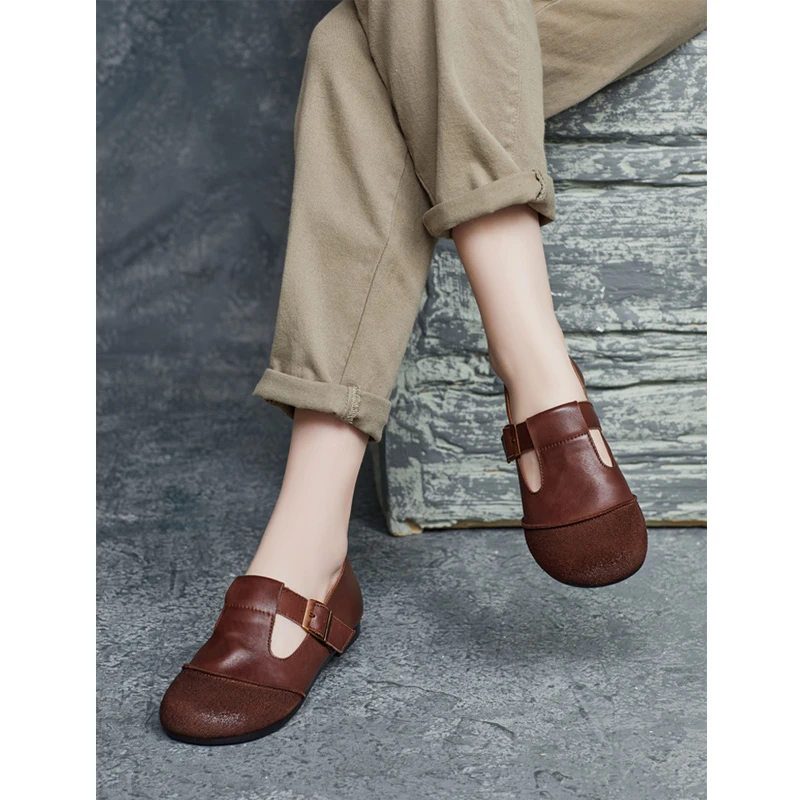 2025春季新款真皮圆头平跟可调节扣带软皮勃肯单鞋套脚中空单鞋