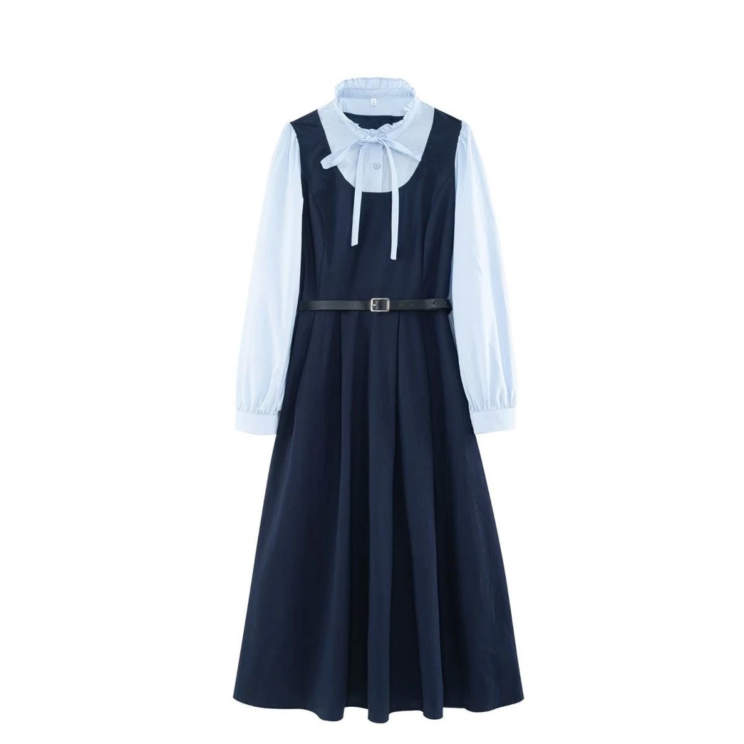 爱依尚2025春季新款通勤气质收腰假两件梭织连衣裙(无胸针)