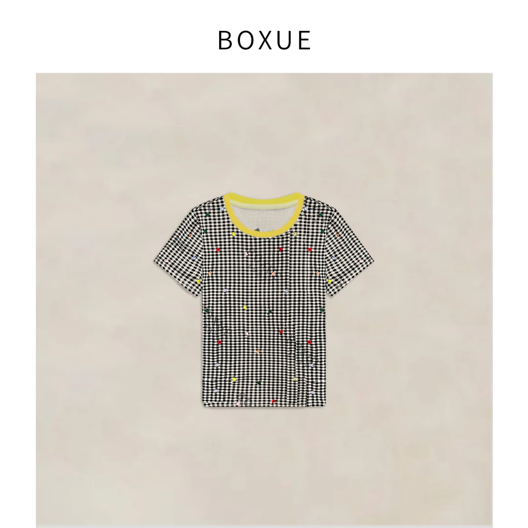 BOXUE ”爱心格子” 2025春季新款高级刺绣格子轻奢 T恤#250331T333