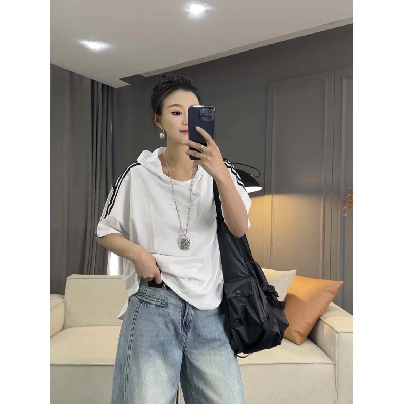 7507太谷休闲时尚简约连帽拼条帽衫夏季百搭宽松潮流短袖上衣