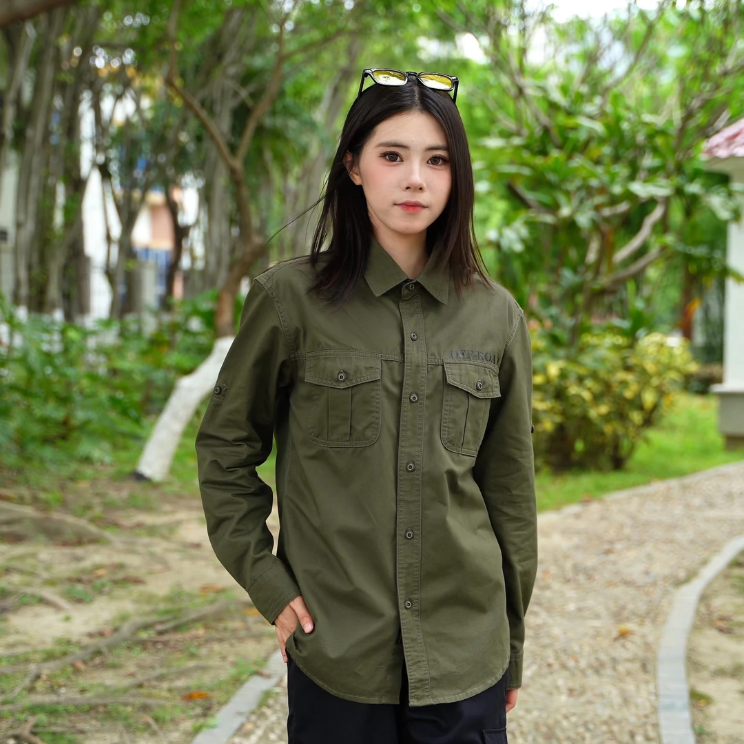 男士百分百纯棉长袖工装夹克春秋季宽松休闲户外衬衣工装衬衫潮流