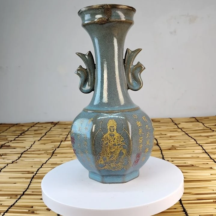 摆件陶汝窑描金包铜口老工艺
