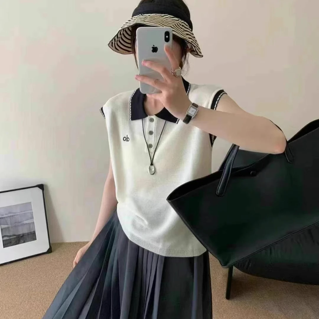 韩系撞色高级感Polo领刺绣冰丝针织背心夏季新款女气质无袖上衣