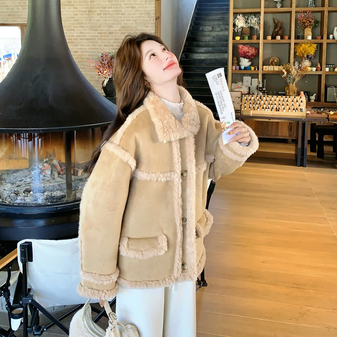 韩系慵懒风毛绒拼接翻领麂皮绒短款外套女2025新款冬季高级感棉服
