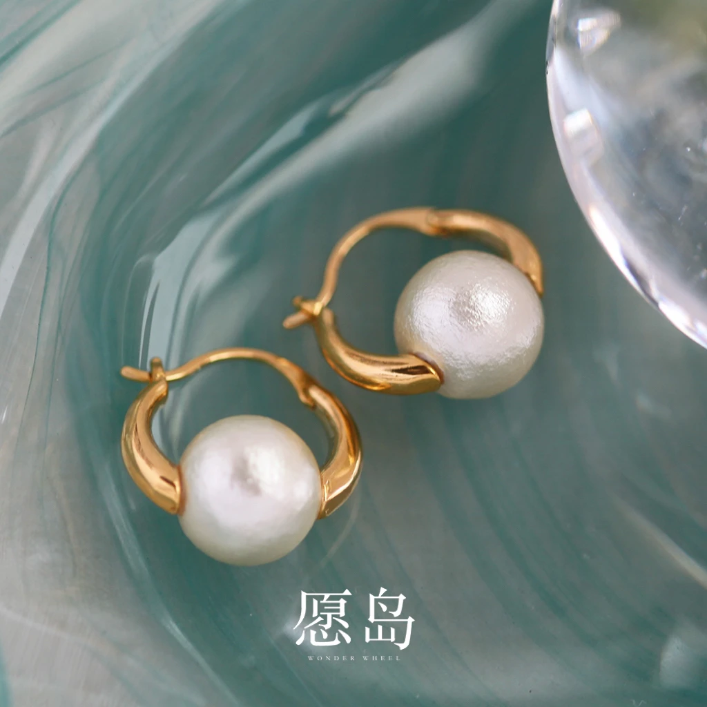 愿岛 黄铜仿珍珠耳饰 法式气质镜面金属奶油白棉花珠耳环EH2646